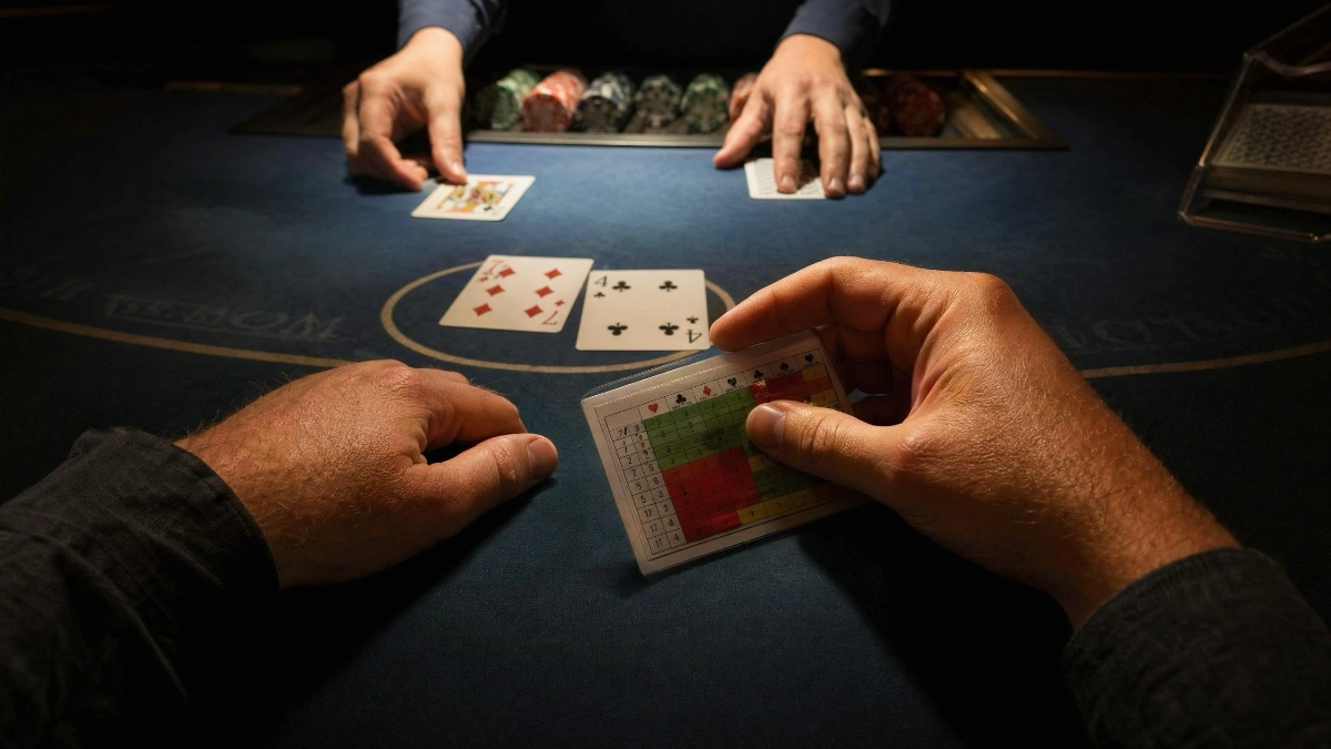 Blackjack-Spiel mit Karten und Chips im Casino, in der Hand des Spielers ist ein Spickzettel zum Kartenzählen