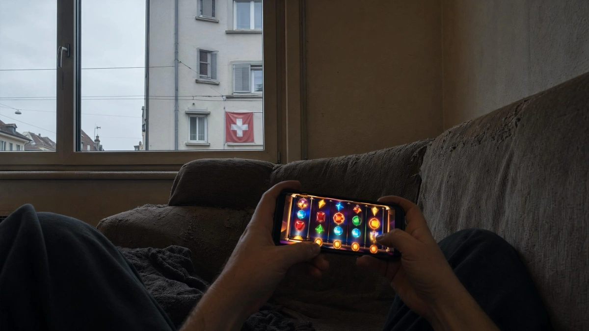 Schweizer Spieler zockt ein Casinospiel auf seinem Smartphone auf der Couch