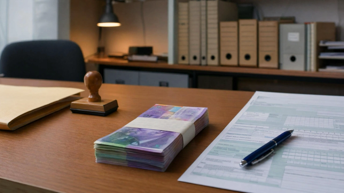 Bürotisch mit Schweizer Banknoten, Stempel und Dokumenten