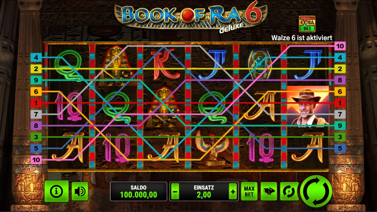 Gewinnlinien des Book of Ra 6 Deluxe Online-Spielautomat mit ägyptischen Symbolen