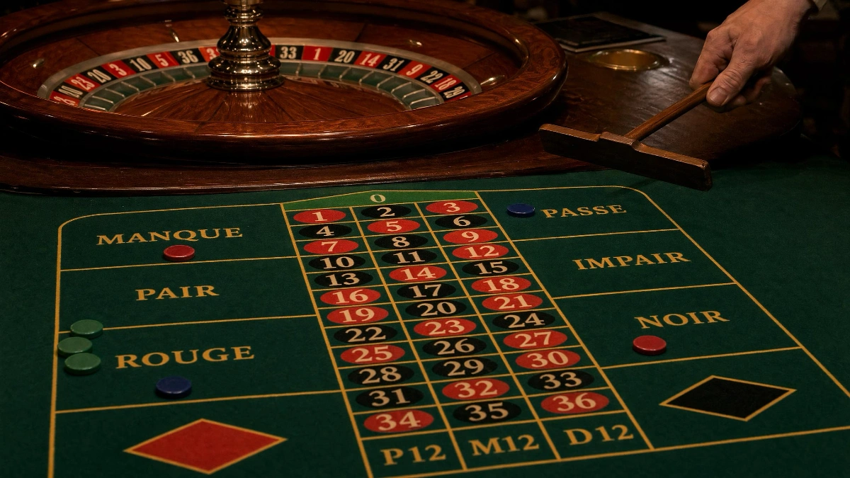 Roulette-Rad und Spieltisch mit Jetons im Casino